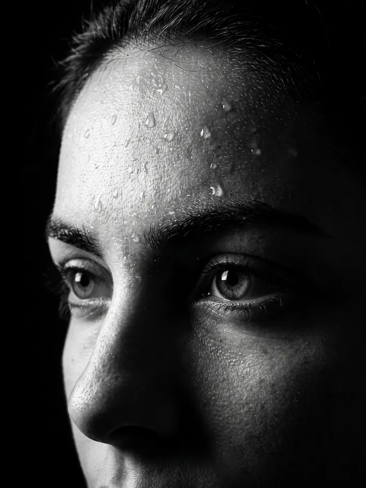 Black-and-white close-up portrait with water droplets on the face