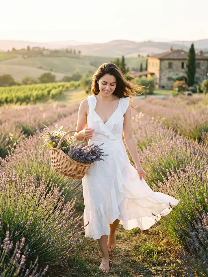 Portrait in a lavender field in Tuscany at sunset