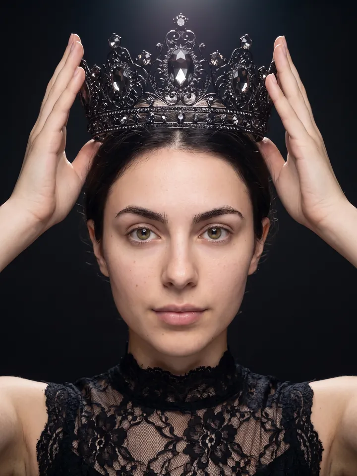 Fashion portrait holding a black crown above the head