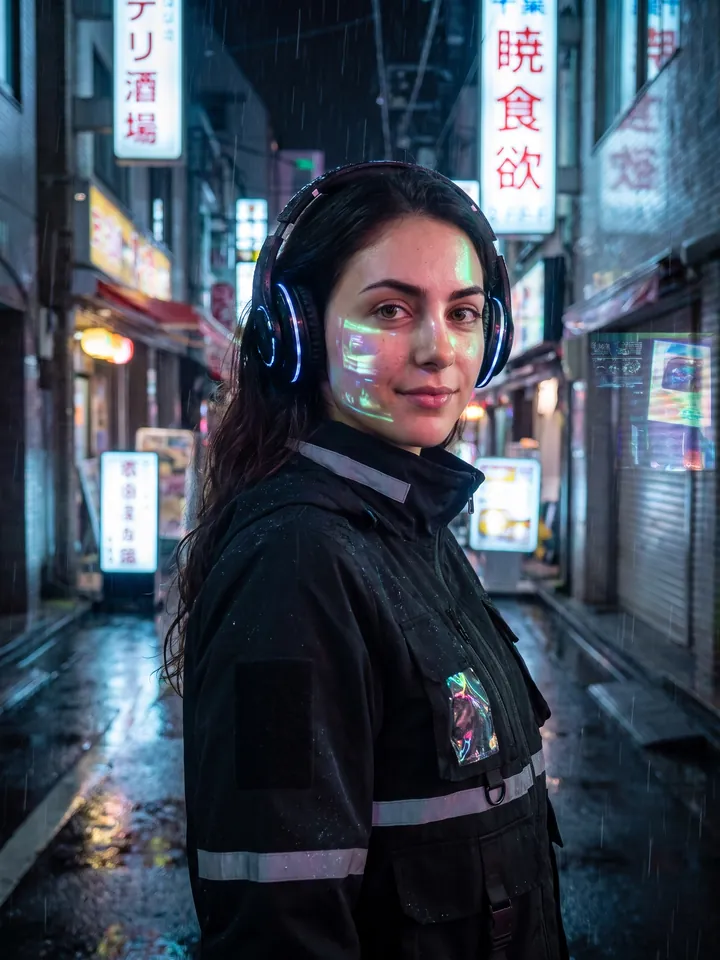 Portrait in a rainy neon alley of cyberpunk Tokyo