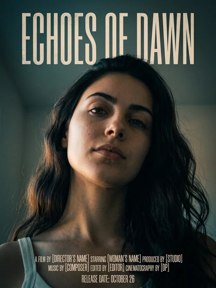 Cinema poster with the person in close-up and an invented film title above