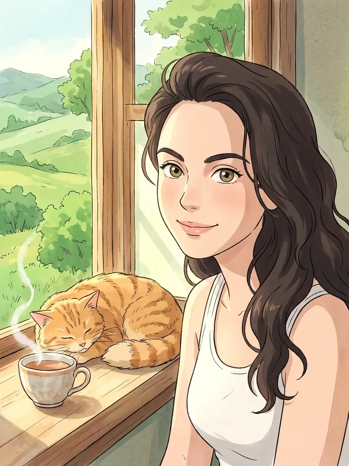 Studio Ghibli style character by a window with a cat and a cup of tea