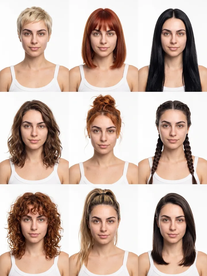 3x3 grid of the same face with nine hairstyles