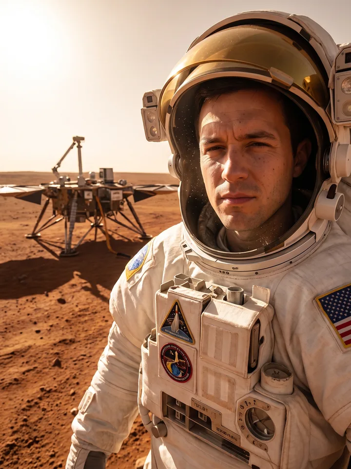 Astronaut in a white spacesuit with a raised golden visor on a red planet