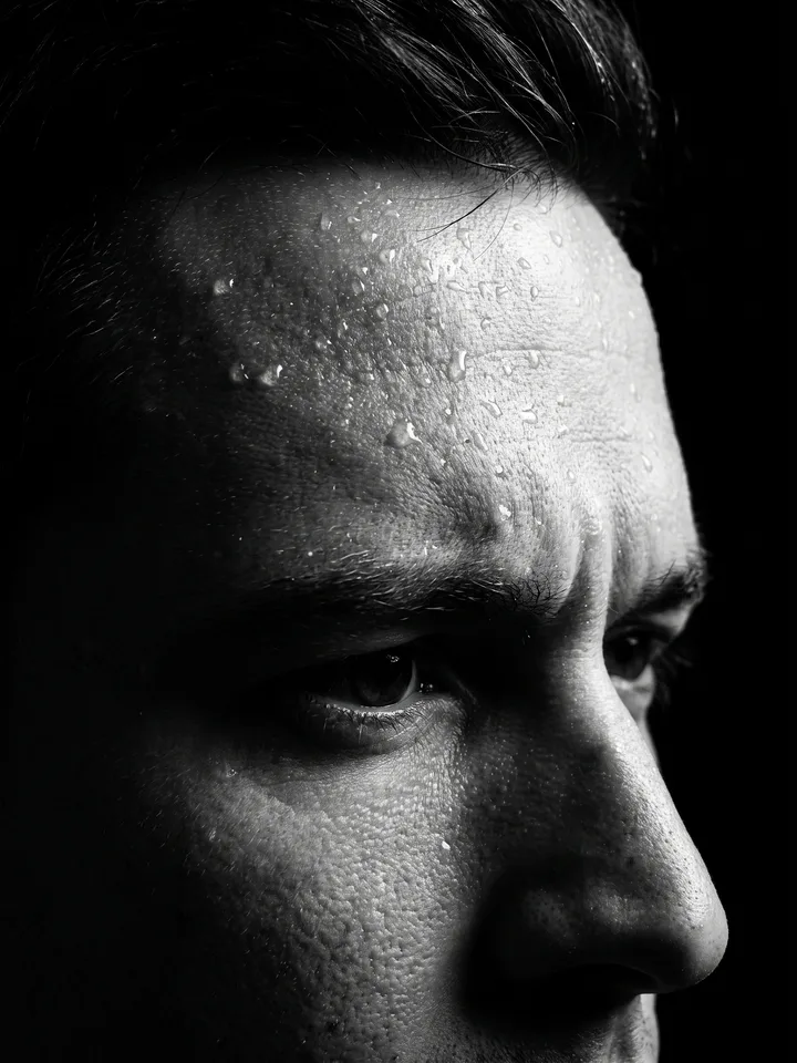Black-and-white close-up portrait of a man with water droplets on the face