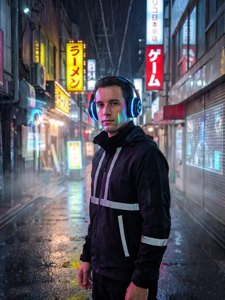 A man in a rainy neon alley of cyberpunk Tokyo