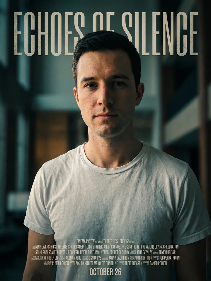 Cinema poster with the man in close-up and an invented film title above