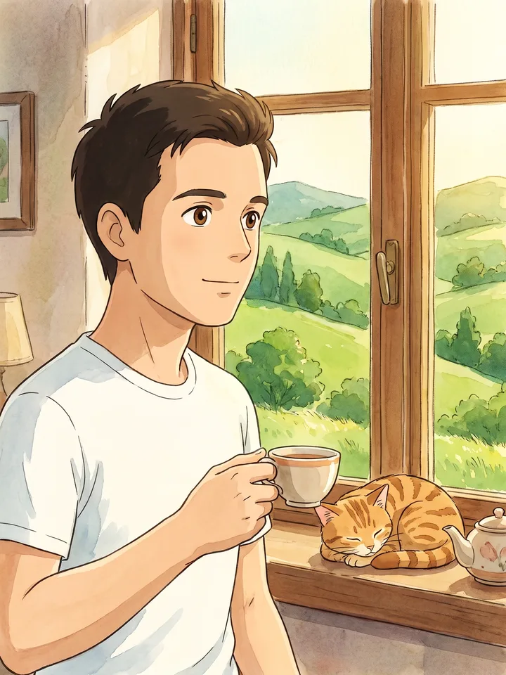Studio Ghibli style male character by a window with a cat and a cup of tea