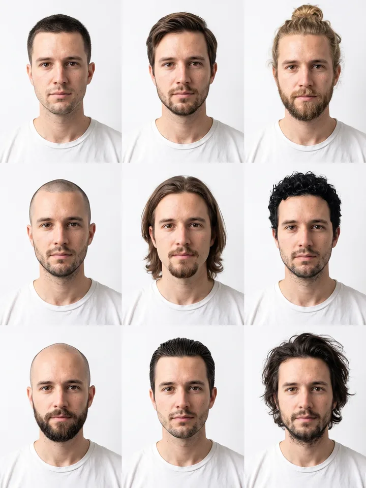 3x3 grid of the same male face with nine haircuts