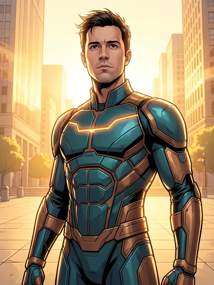 Comic-book hero in a teal and bronze armoured suit in a sunlit plaza