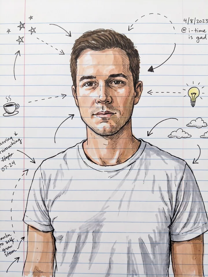 Pen-and-marker doodle portrait of a man on ruled notebook paper