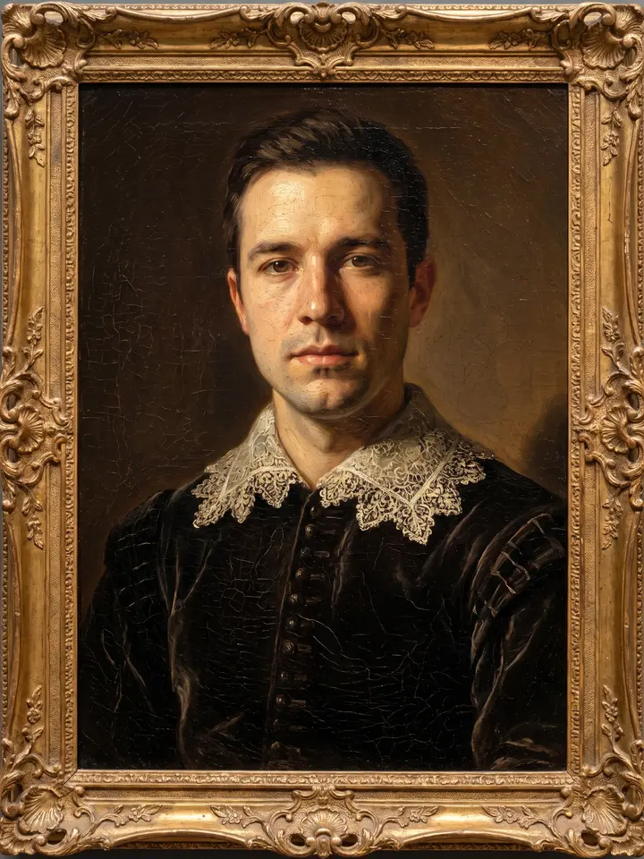 Portrait of a man repainted as a 17th-century oil painting in a gilded frame