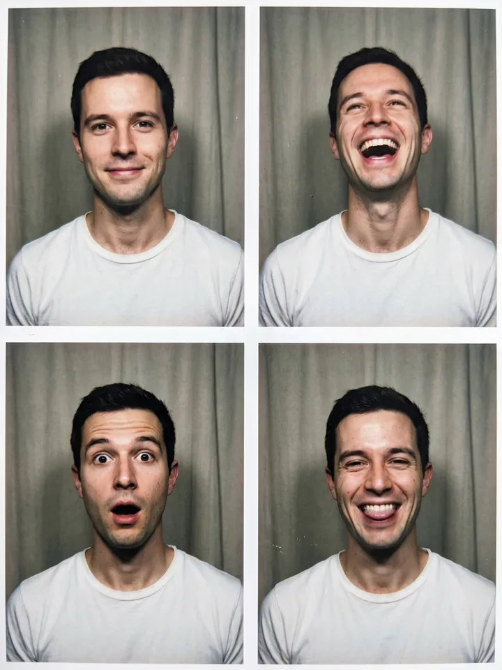 Four photo booth frames of the same male face with different expressions