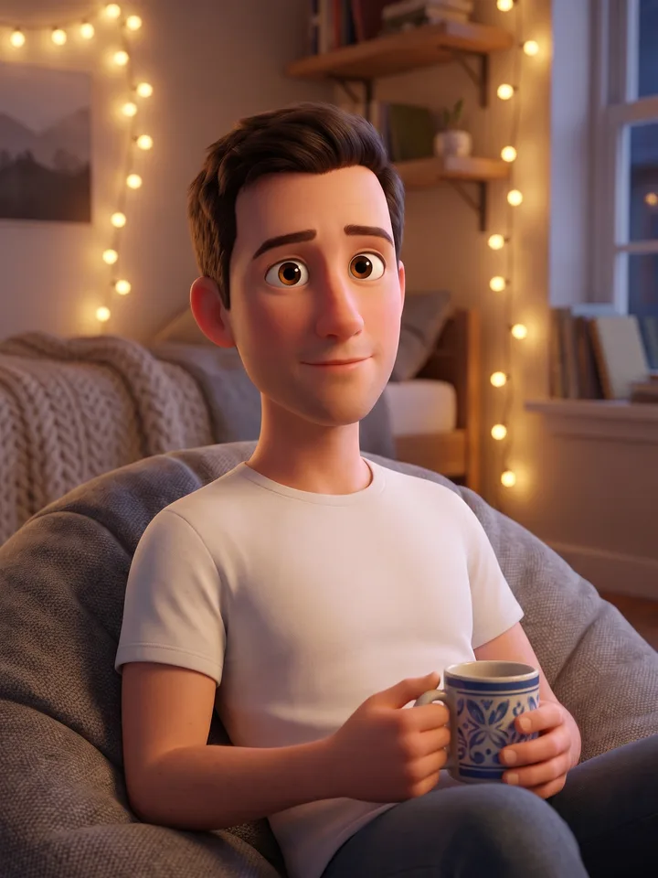 3D Pixar-style male character on a beanbag with a mug