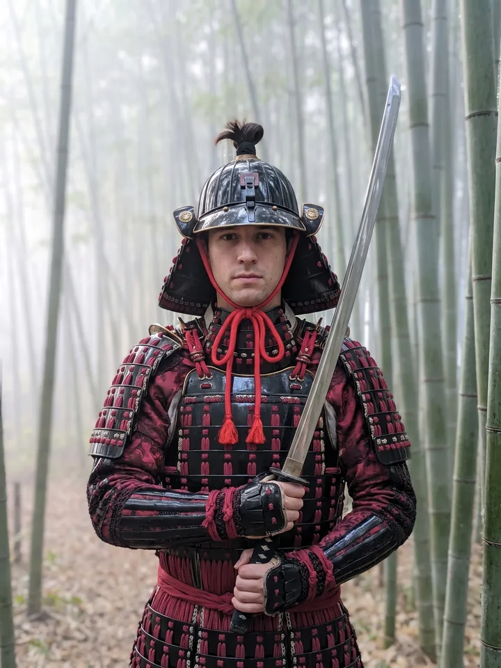 Samurai in lacquered armour with a katana in a foggy bamboo grove