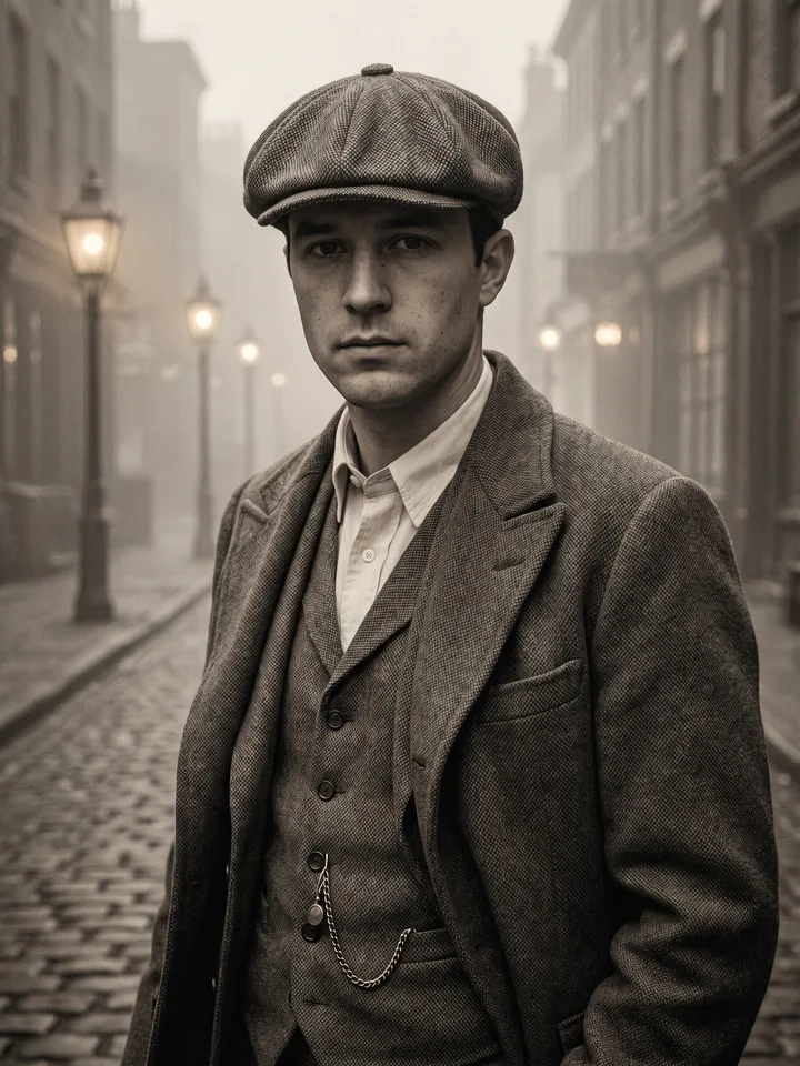 Street portrait in a 1920s tweed suit and flat cap on a foggy cobbled street