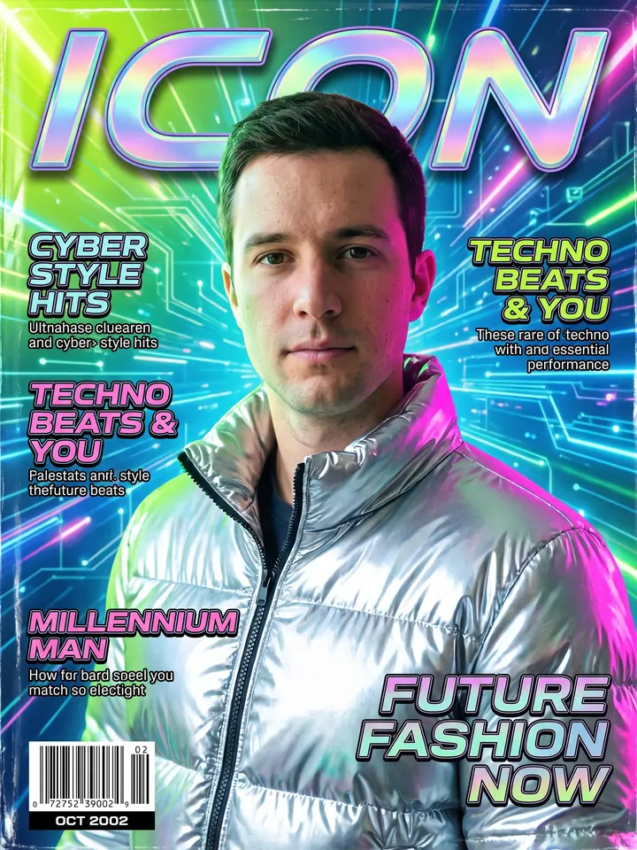 Y2K magazine cover with a man and the word ICON