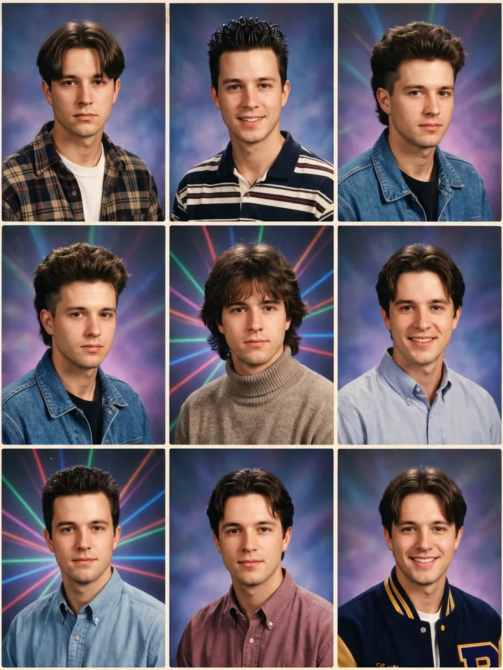 3x3 grid of 1995 yearbook portraits of one man