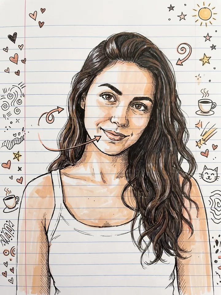 Pen-and-marker doodle portrait on ruled notebook paper