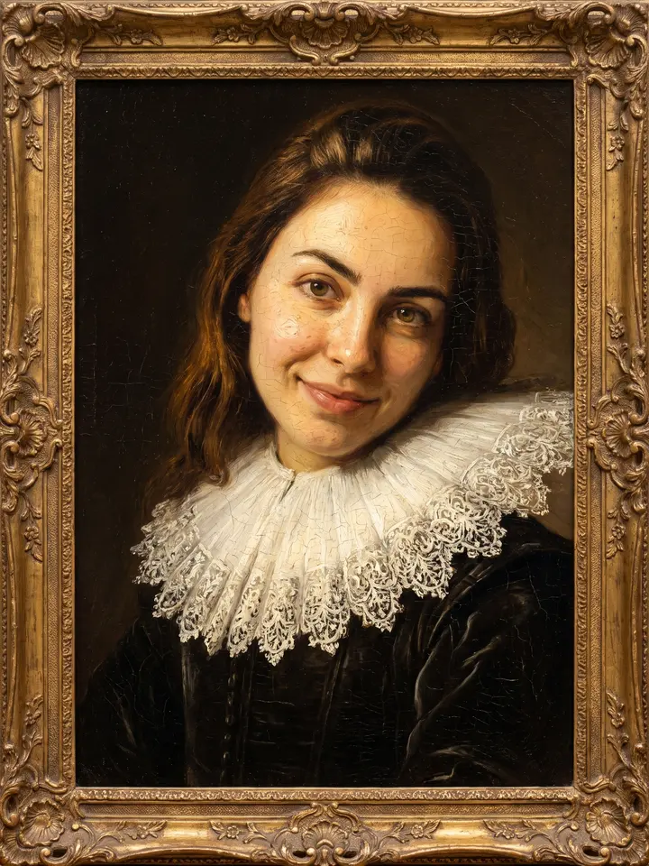 Portrait repainted as a 17th-century oil painting in a gilded frame