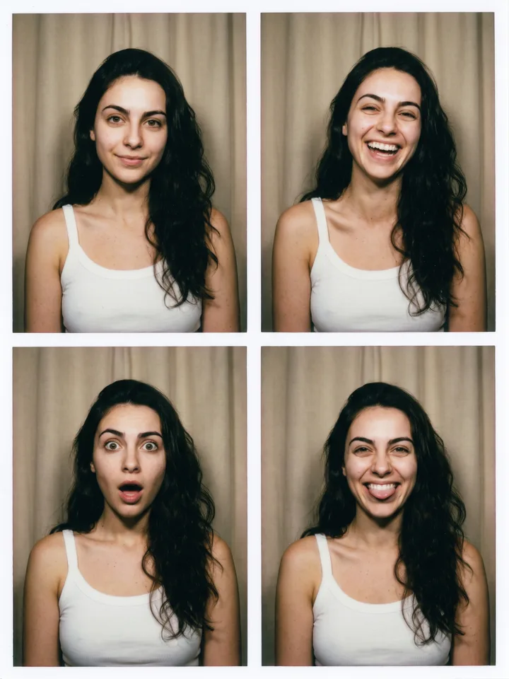 Four photo booth frames of the same face with different expressions