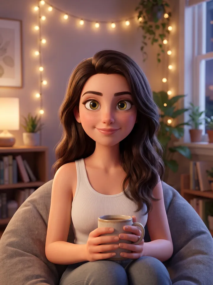 3D Pixar-style character on a beanbag with a mug