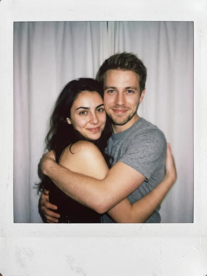 Polaroid-style snapshot of two people hugging, made from the reference photo