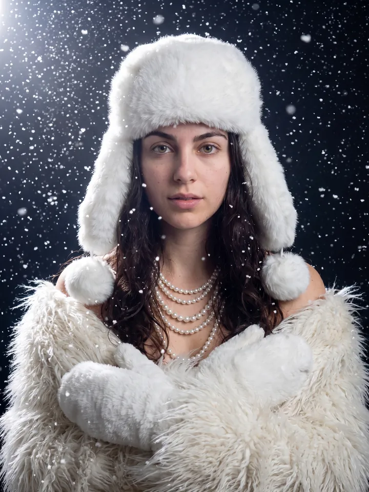 Winter portrait in white faux fur and pearls under falling snow