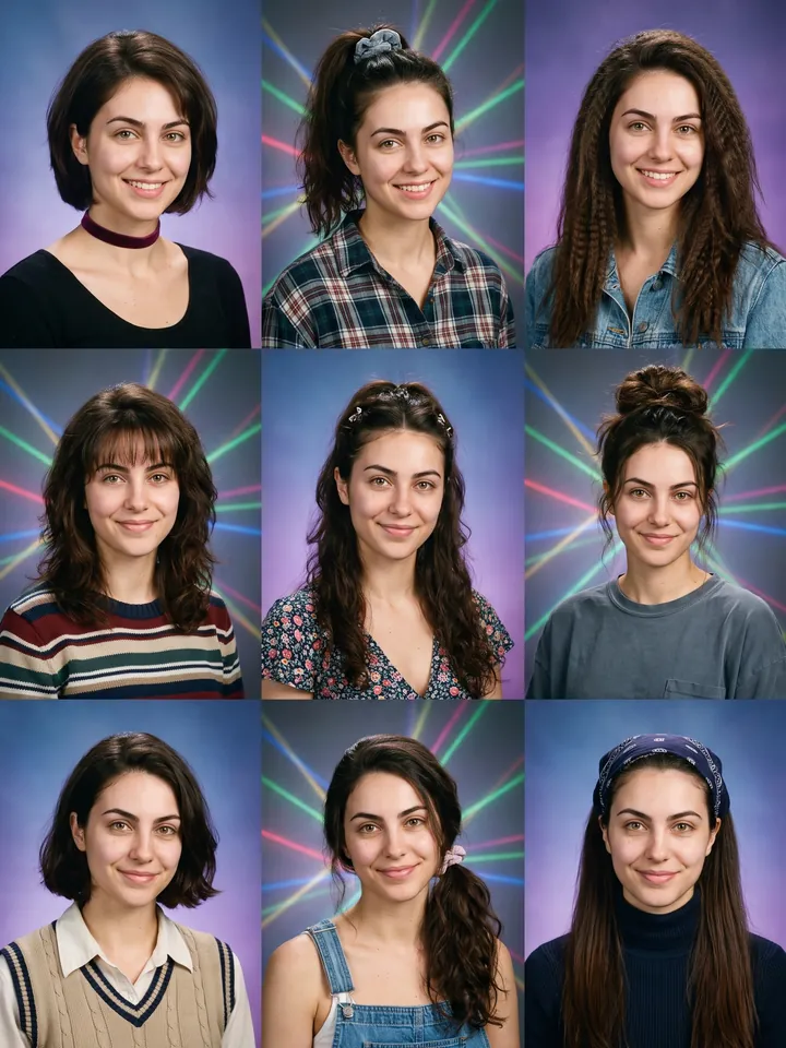 3x3 grid of 1995 yearbook portraits of one person