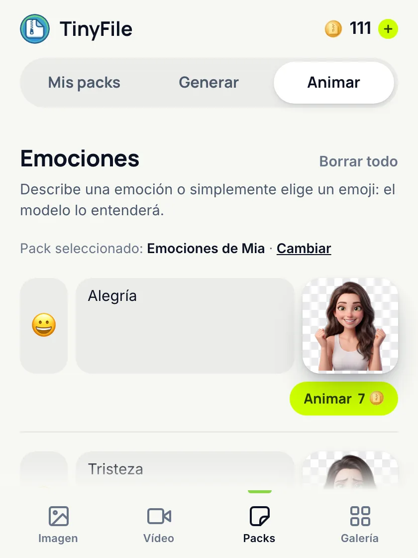 Modo Animar convirtiendo los stickers terminados en vídeo stickers