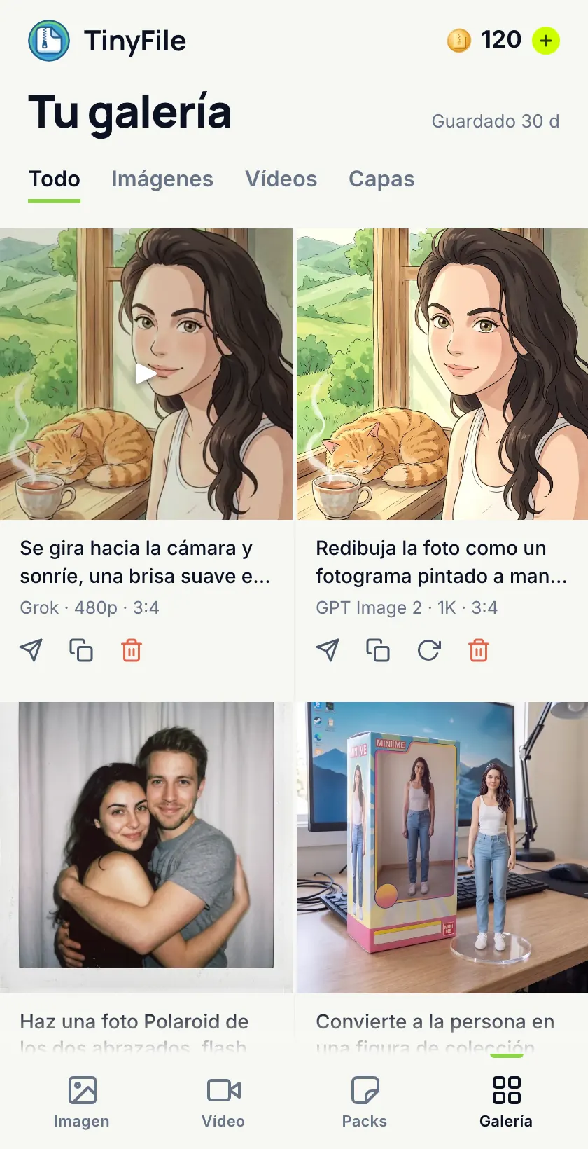 Pestaña Galería de la mini app de TinyFile: resultados recientes, cada uno con sus acciones