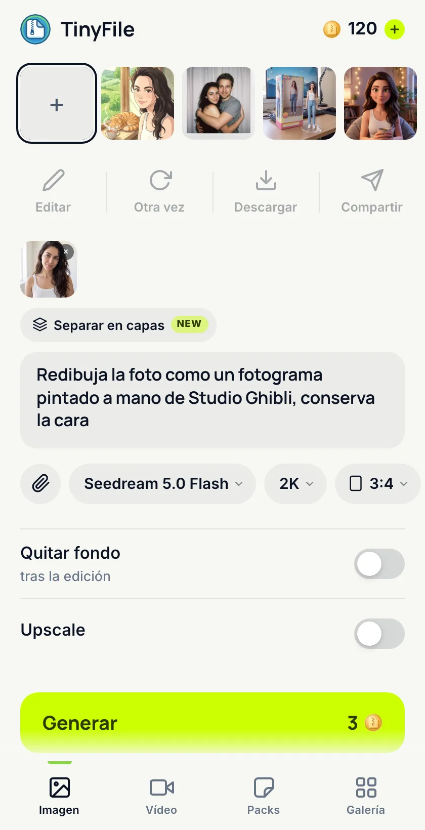 Pestaña Imagen de la mini app de TinyFile: un solo compositor con modelo, resolución y formato