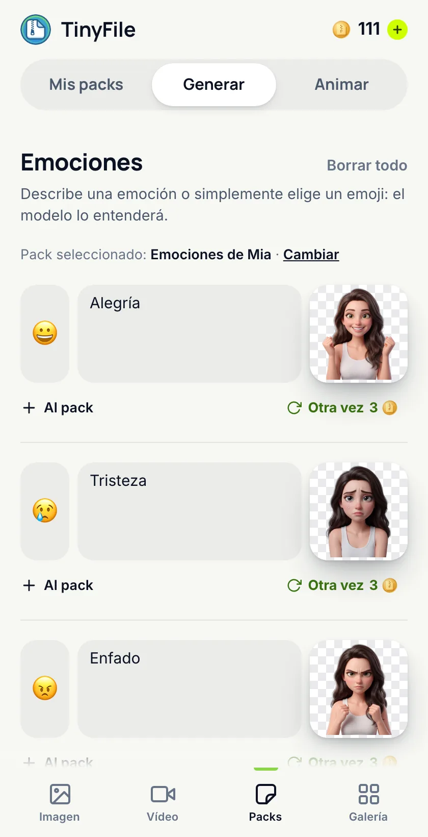 Pestaña Packs de la mini app de TinyFile: filas de emociones con sus stickers terminados