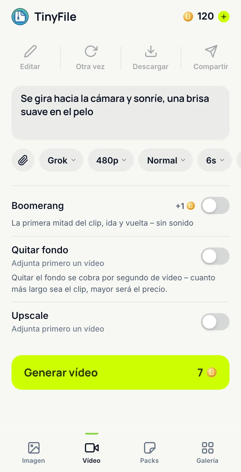 Pestaña Vídeo de la mini app de TinyFile: el mismo compositor con modelo de vídeo, resolución y duración