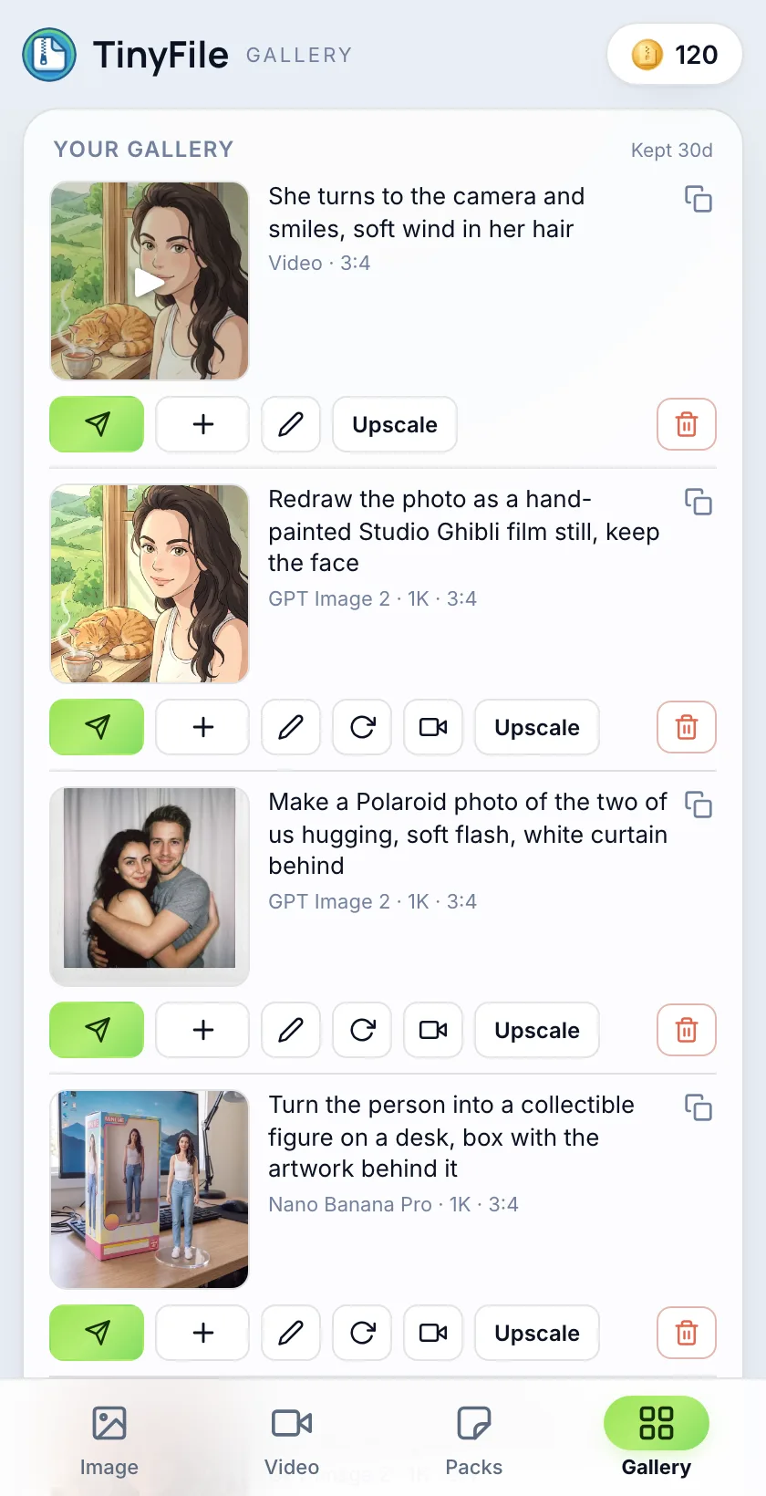Gallery tab of the TinyFile mini app: recent results, each with its own actions