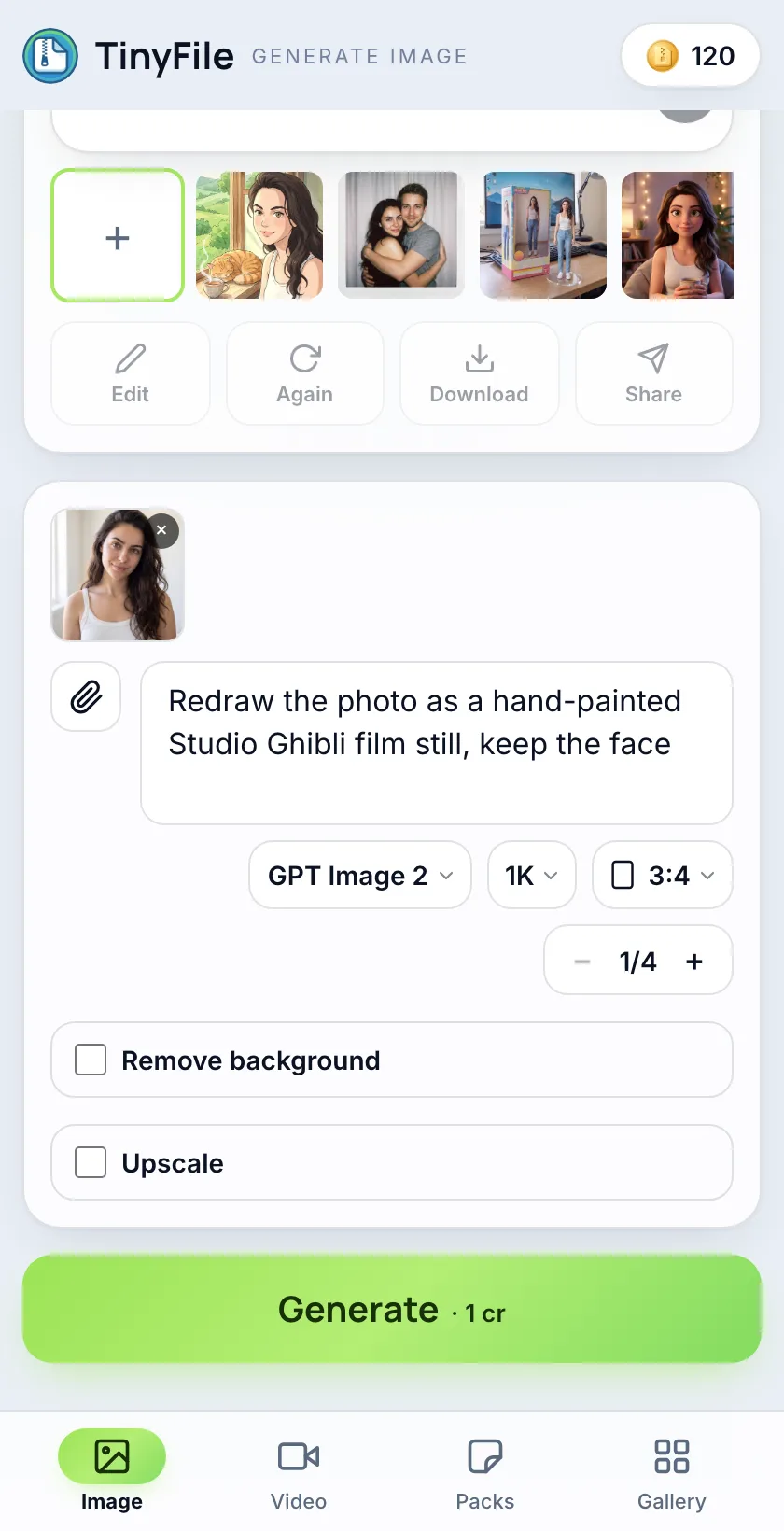 Image tab of the TinyFile mini app: one composer with model, resolution and aspect chips