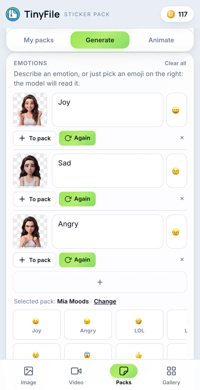 Packs tab of the TinyFile mini app: emotion rows with their finished stickers