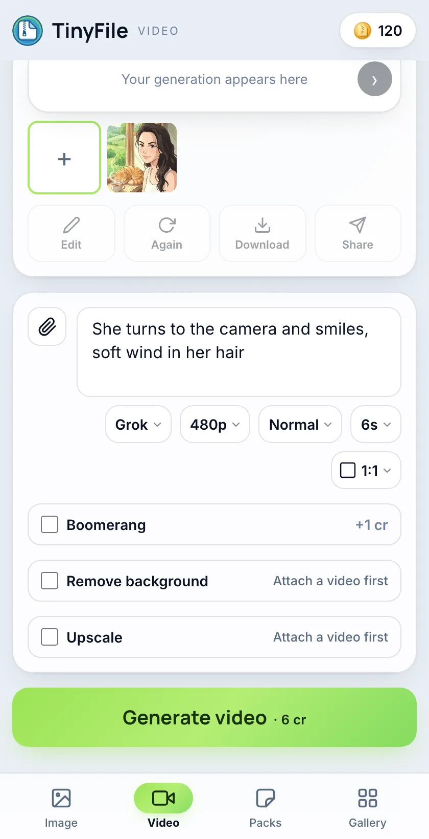 Video tab of the TinyFile mini app: the same composer with video model, resolution and duration chips
